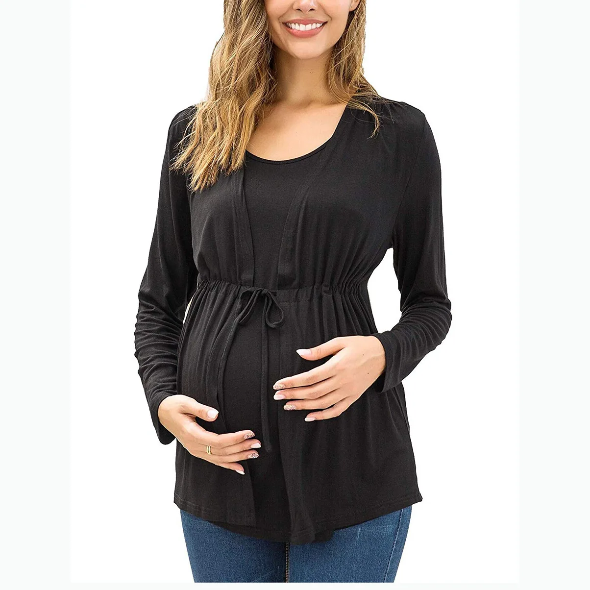 Breastfeeding Pregnant Top Autumn Winter Long Sleeve Round Neck Fake Two Piece Lace Up Pregnant Women's Top T-shirt Pregnant Women's Outwear