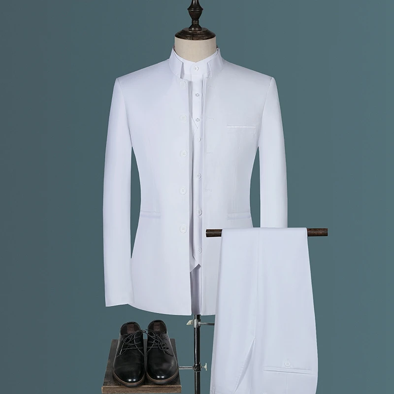 

Jacket Vest Pants Suit Three Piece Set / Men's Chinese Style Stand Collar Slim Fit Simple Solid Color Blazer Coat Trousers