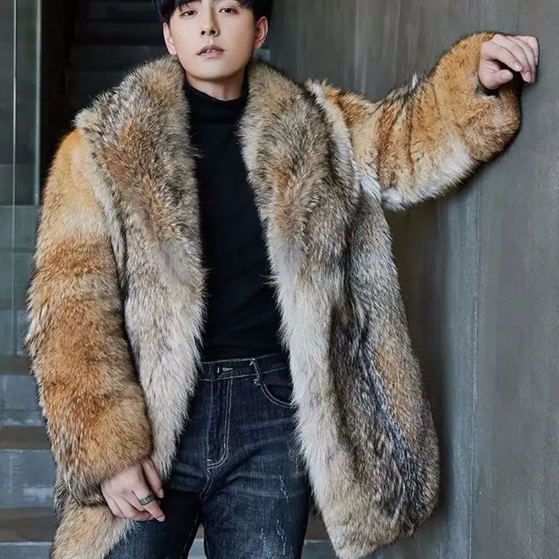 Winter Men's Long Wolf Fur Grass Coat Body Mink Overcoat Handsome Trend Loose Keep Warm Clothes Male Singer Stage Costumes