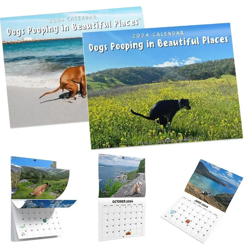 2024 funny Dogs Pooping in beautiful places Calendar dog shitting Pooping dog Calender 2024 New year gift for home office 2024 desk calendar office supplies daily use desktop home accessory flip for bathroom decorations