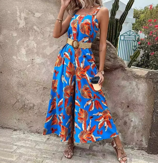2024 Summer New Fashionable Strap Printed Waistband Jumpsuit with Belt Women's Casual Loose Temperament Commuter Jumpsuit Set