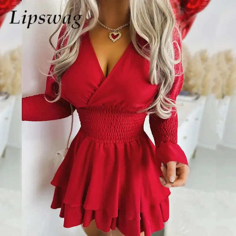 

Модное эластичное ТРАПЕЦИЕВИДНОЕ ПЛАТЬЕ с высокой талией и оборками, сексуальное женское платье с глубоким V-образным вырезом, элегантное однотонное мини-платье с расклешенным рукавом