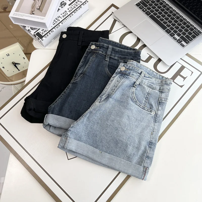 Summer New Plus Size Jeans Women's Wear 100KG Casual high-waisted rolled-up Denim Shorts Hot Pants 6318