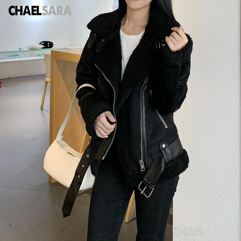 Women\'s Thick Warm Suede Lamb Jacket, Short Biker Jacket Belt Faux Leather Coats Casual Outwear Ladies Brown Black Winter 2024