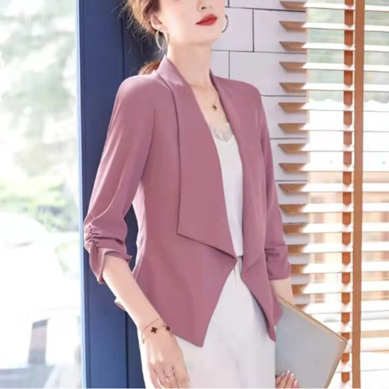 Women's Summer Korean New Chiffon Suit Coat Fashionable Casual Simple Solid Color Versatile Thin 7/4 Sleeve Sun Protection Shirt