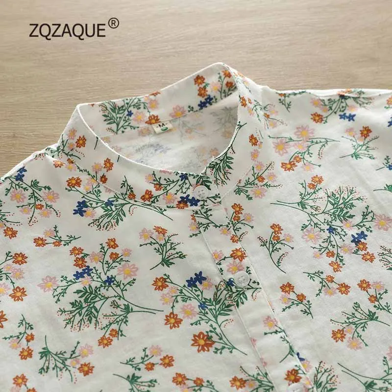 

Женская рубашка с цветочным принтом в японском стиле, свободные топы с длинным рукавом и стоячим воротником, хлопковая блузка с принтом, хорошее качество M L XL SY2685