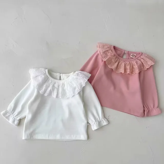 Summer Fall Baby Girls White Lace Collar T-Shirts Cotton Breathable Toddler Long Sleeve Blouses 0-24Months Infant Bottoming Tops