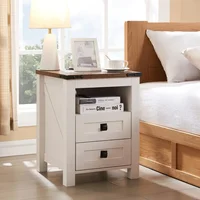 Nightstand with Charging Station, End Table, Side Table for Bedroom, Living Room, Farmhouse Design, Wood Rustic, Antique White 1