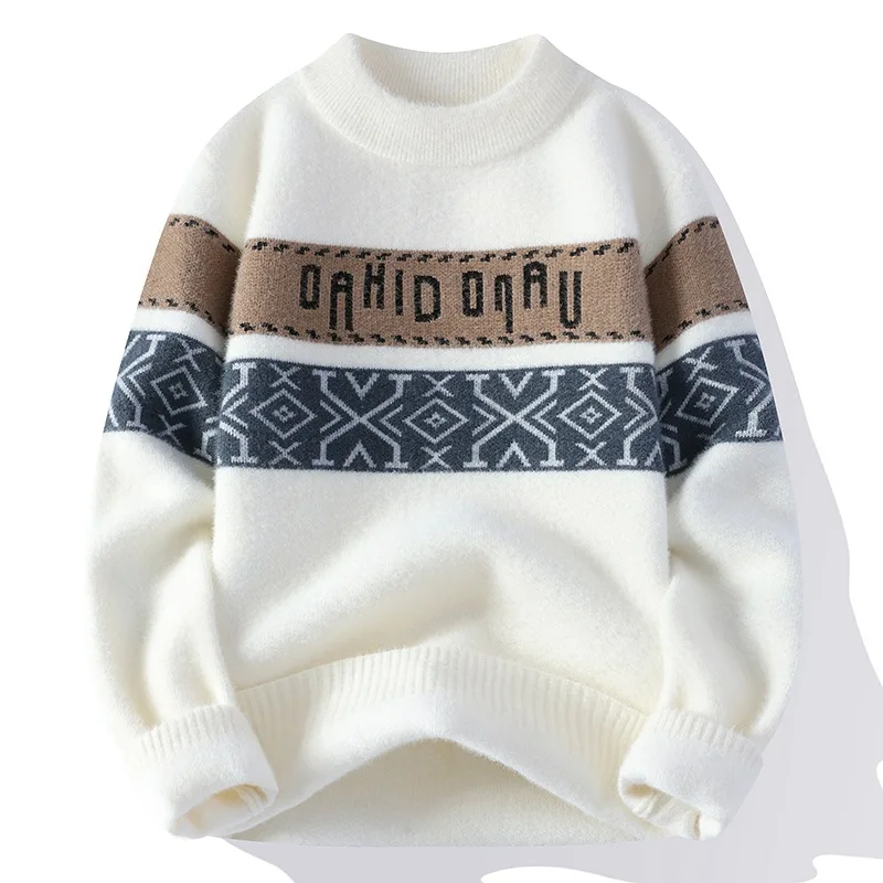 Autumn Winter Men's Fashion Jacquard Knitwear Handsome Warm Sweater Round Neck Long Sleeve Color Matching Loose Bottoming Shirt