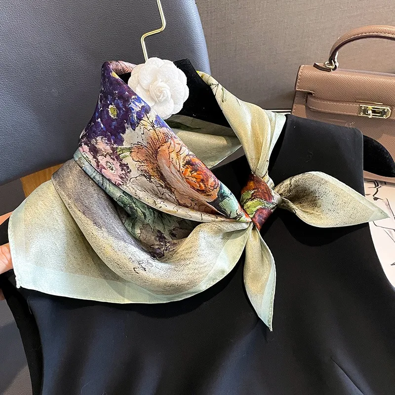 53cm Women Square 100% Silk Scarf Foulard Bandana Lady Floral Scarves for Hair Bands Red Neckerchief Spring New Bag Ties 5