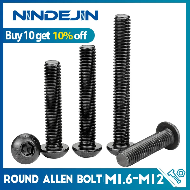 NINDEJIN ISO7380 Hex Socket Button Head Screw M2-M12 Carbon Steel Black