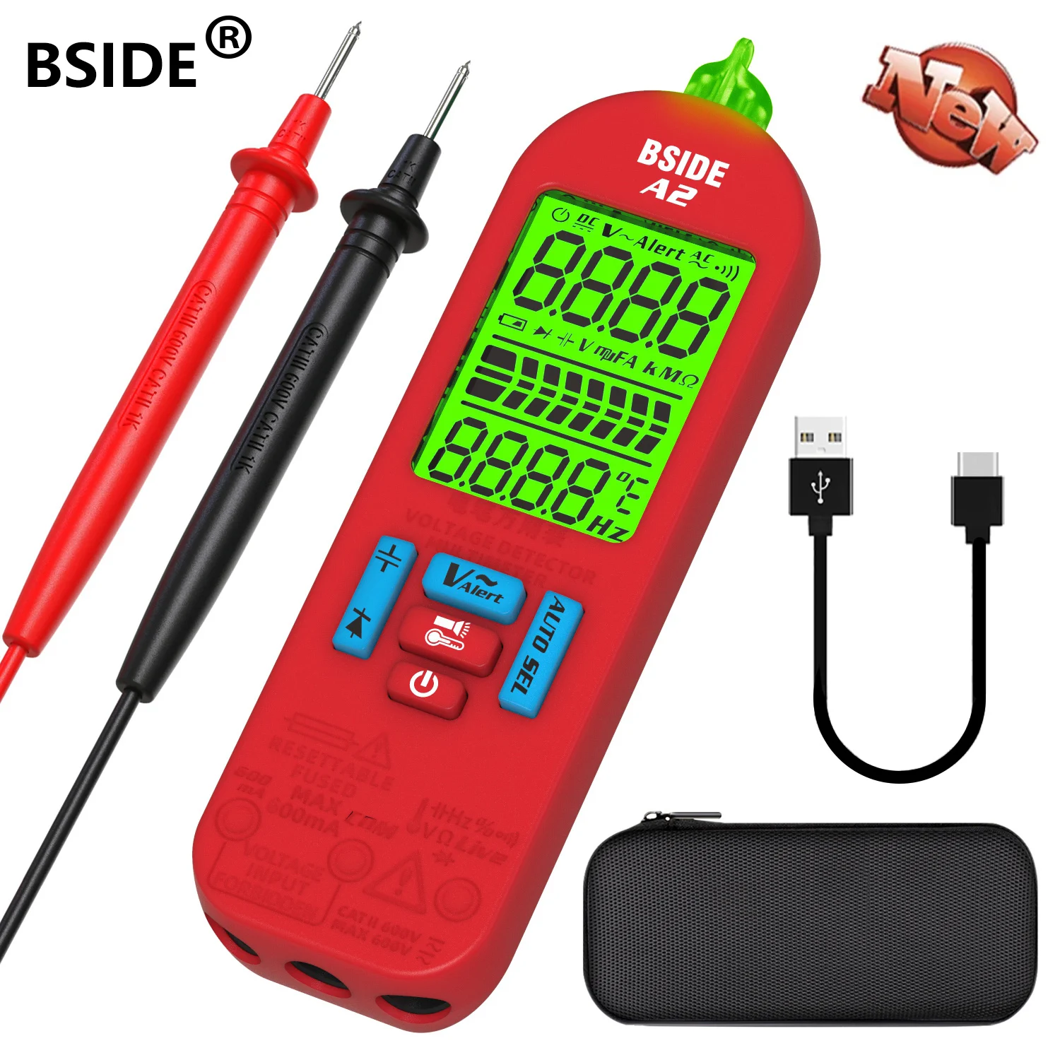 

BSIDE Digital Multimeter USB Charge LCD DC AC Voltage Current Tester 6000 Counts Auto Range Capacitance Temp Ohm Diode Hz NCV A2
