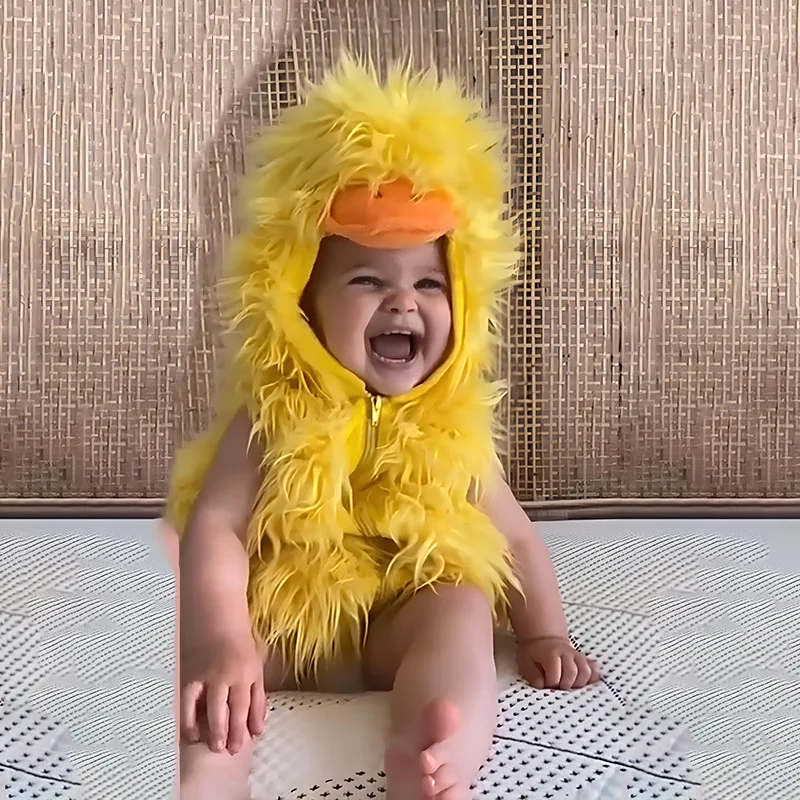 Baby Duck Costume Infant Toddler Fluffy Yellow Duckling Outfit with Hooded Hat Kids Halloween Carnival Party Jumpsuit
