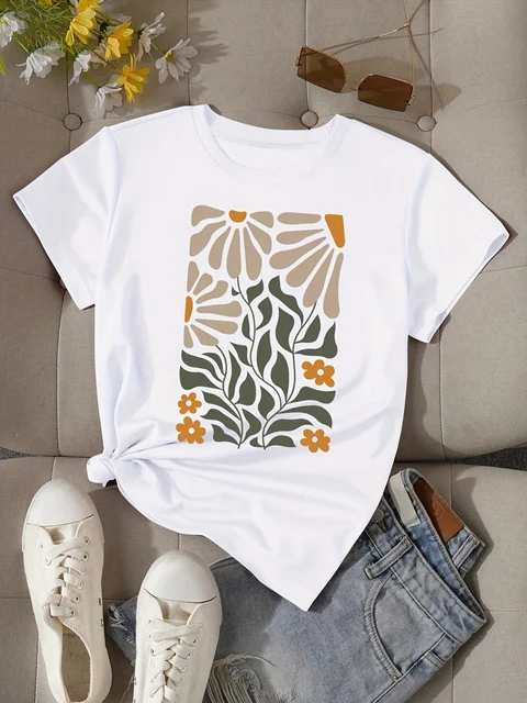 Daisies Print T-shirt Short Sleeve Crew Neck Casual Top for Summer & Spring T-shirt Fashion Casual Summer Top 2024 New Harajuku 1