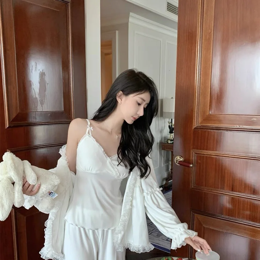 Spring and Autumn New Island Velvet Double sided Super Soft Sleepwear Three Piece Set with Pure Desire Wind Belt Chest Pads
