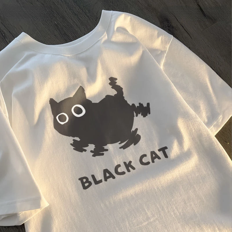 Fun Printed Psychedelic Black Cat and White Dog Pure Cotton Short Sleeved T-shirt for Men and Women Japanese Cartoon Ins Top