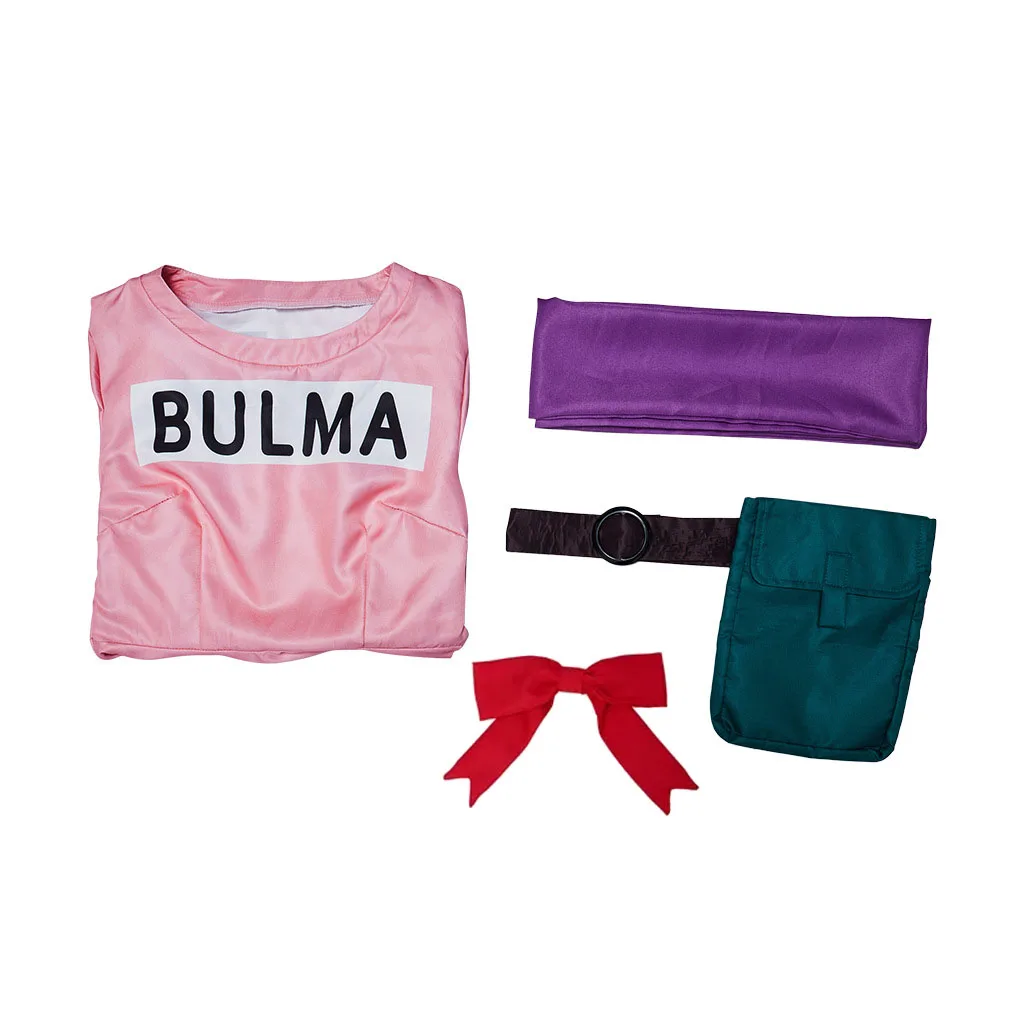 Bulma Cosplay Costume Pink Dress Headwear Purple Scarf Belt Bag Full Set for Women's Halloween Cosplay Costume Wig cosplay costumes