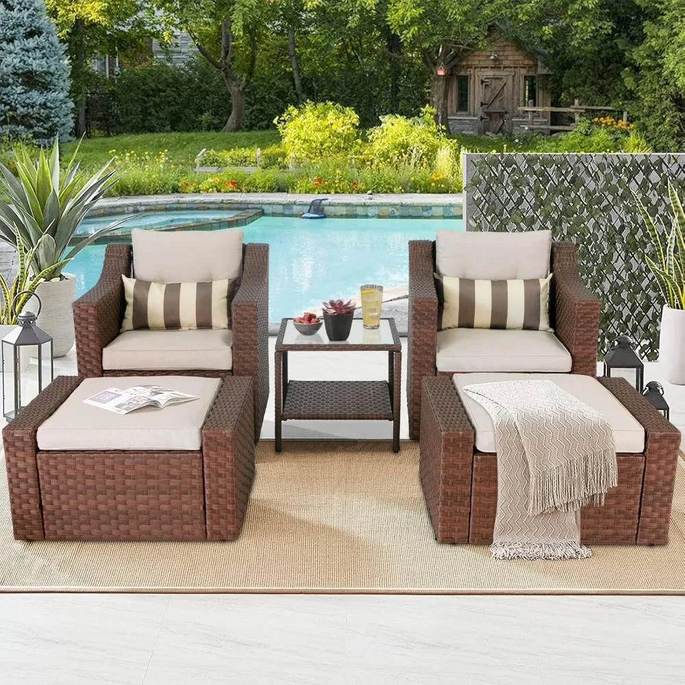 5 Piece Patio Conversation Set Outdoor Furniture Set, Brown Wicker Lounge Chair with Ottoman Footrest, W/Coffee Table 1