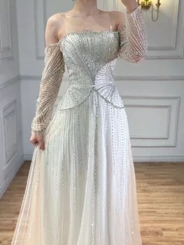 Aunber Customized Luxury Evening Dresses Beige Arabic Dubai Famous Designer A-Line For Wedding Party Dresses 1
