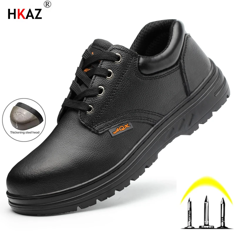

HKAZ Black Genuine Cow Leather Men Safety Shoes Non Slip Steel Toe Cap Insulated Work Construction Water Proof Men Boots LBX088A