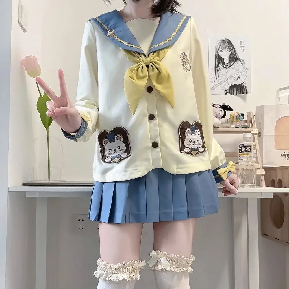 Cute Kindergarten Jk School Uniform for Girls Bear Sailor Suit Blue Pleated Skirt Japanese Student Anime Cos Costumes