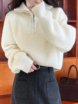 سترة صوفية نسائية لخريف وشتاء 2025 سترة جديدة بسحاب وبطانة فضفاضة وقصيرة نمط شعبي سترة نسائية مميزة 4