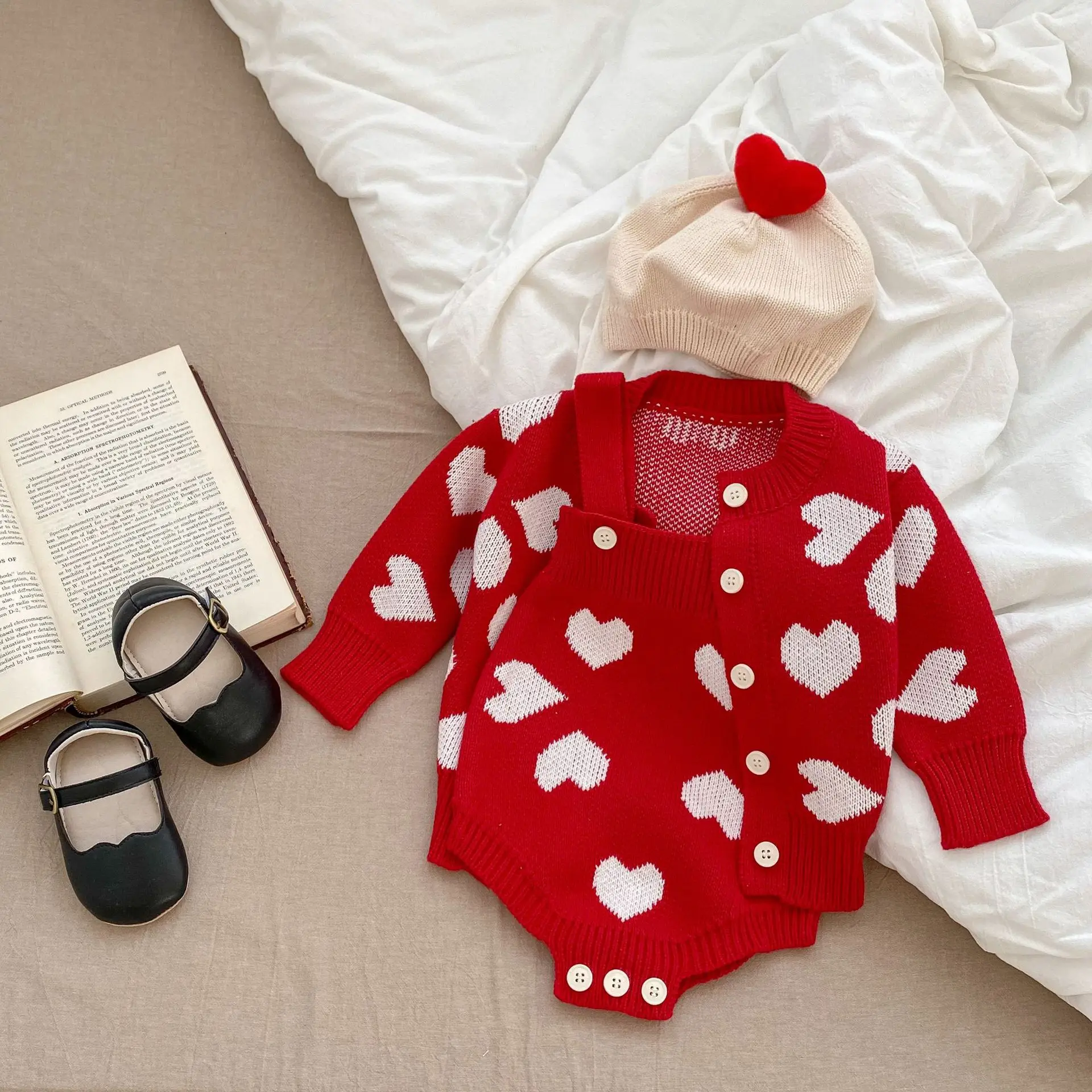 

Baby Girl Christmas Sweet Love Sweater Knitwear Soft Cardigan Newborn Infant Girls Sling Bodysuit Christmas Eve Cute Jumpsuit