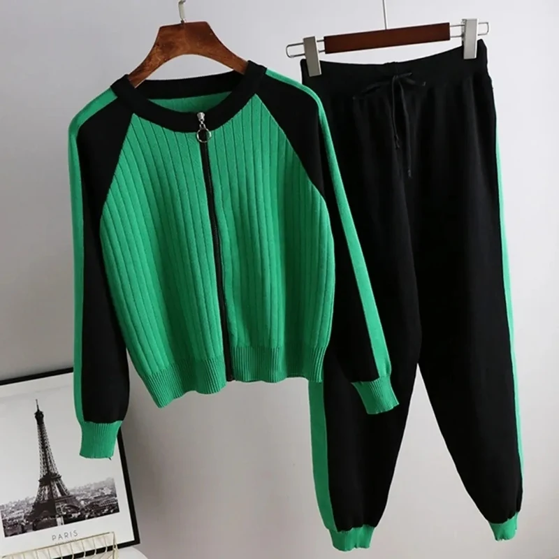 Fashion Patchwork Women Sweater 2 Piece Sets Korean Zipper Chic Sueter Tops Conjuntos Casual Mom Jogger Knitwear Pants Ensembles