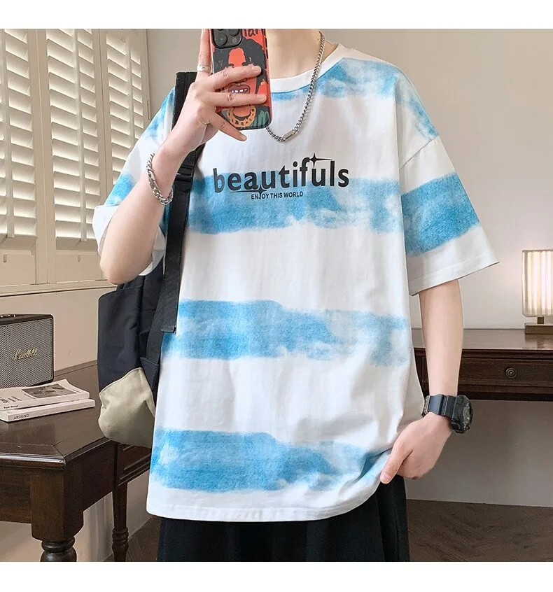 Lässige Herren-T-Shirts aus 100 % Baumwolle mit kurzen Ärmeln, Sommermode 2026, zum Überziehen, Jugend-Streetwear-Oberteile, Batik-T-Shirt – Detail 16