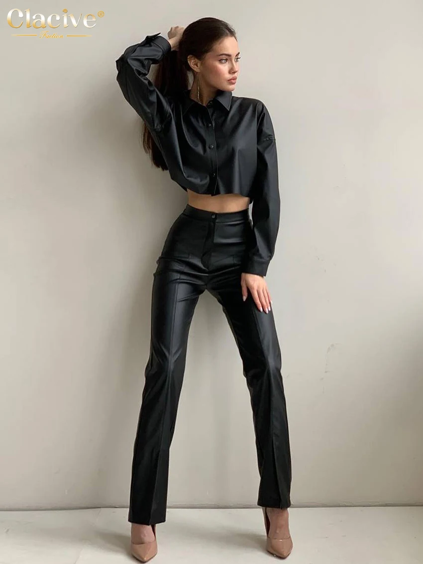 Clacive Fashion Slim Black Two Piece Sets Womens Outifits Sexy Bodycon Long Sleeve Crop Shirts With High Waist Pant Sets Female