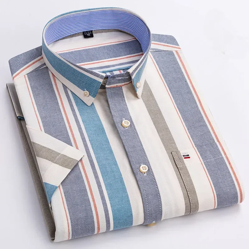 

Plus Size 6XL-7XL Men's Summer Shirts Oxford Vertical Stripes Short Sleeve Standard-fit Loose Plaid Solid Soft Cotton Man Shirt