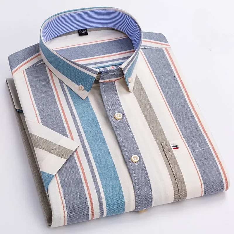 Plus Size 6XL-7XL Men's Summer Shirts Oxford Vertical Stripes Short Sleeve Standard-fit Loose Plaid Solid Soft Cotton Man Shirt