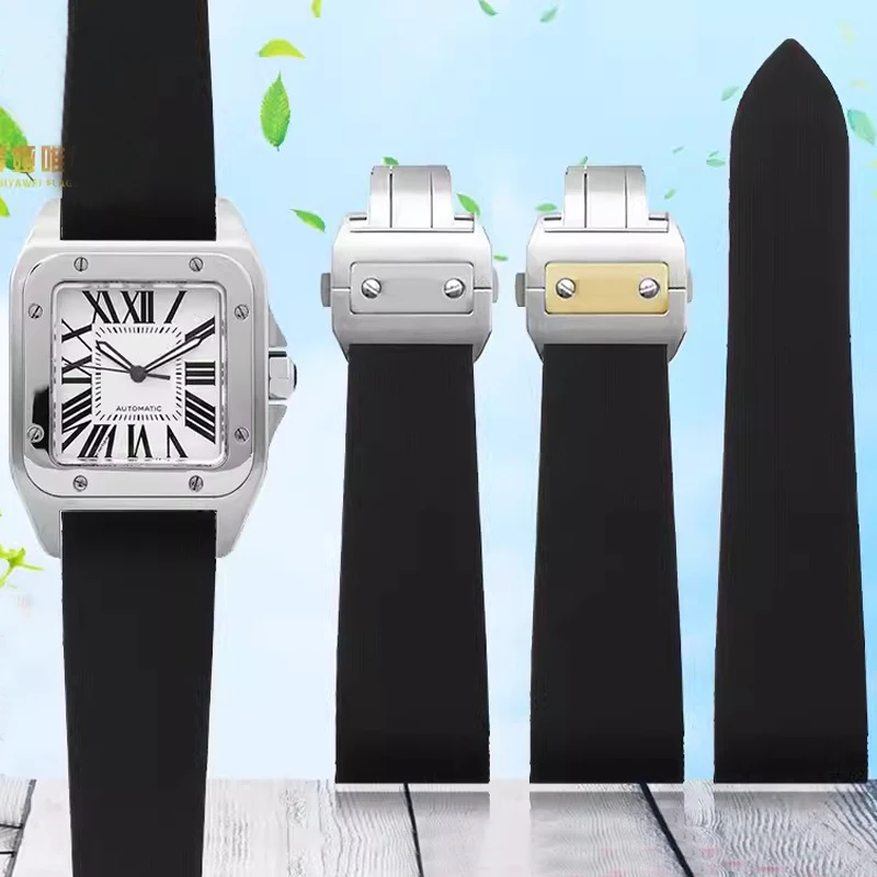 Cinturino In Gomma Siliconica Per Cartier Santos 100 W2020007 Cinturino Impermeabile 25Mm Chiusura Pieghevole In Acciaio Inossidabile Cinturino Nero