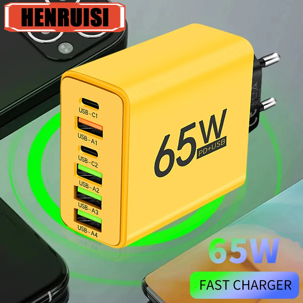 65W 6 Ports Power Charger Adapter for iPhone 15 Xiaomi 13 Samsung Huawei Tablet