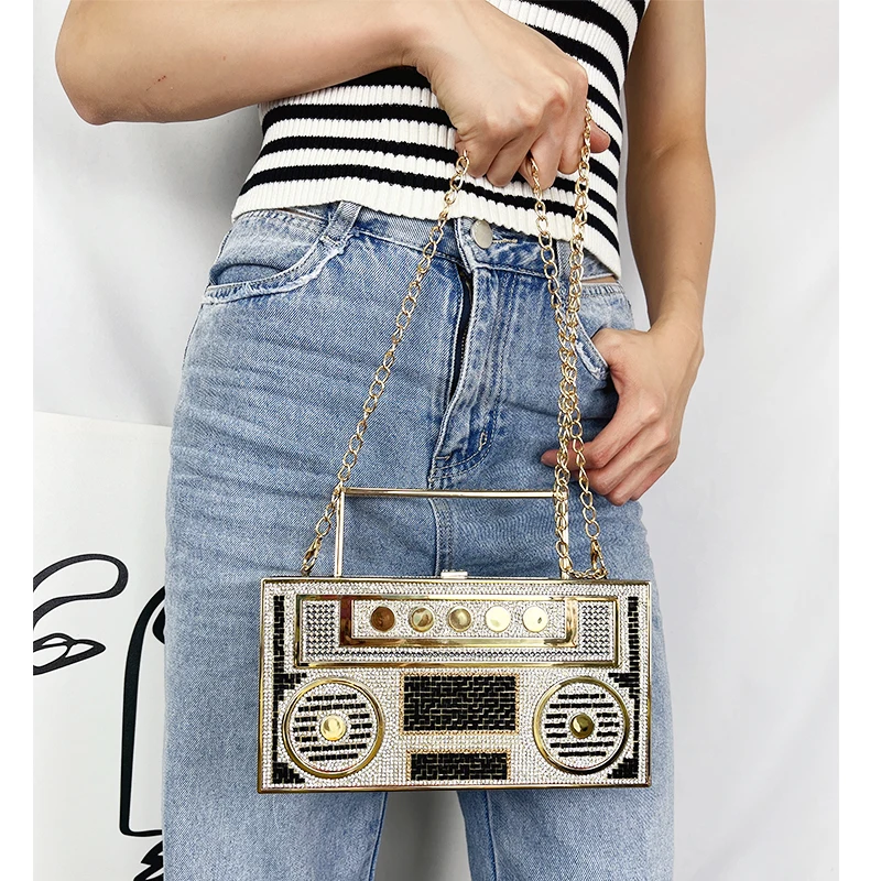 Diamond Radio Shape Party Evening Clutch Bag for Wedding Luxury Metal Handle Designer Purse and Handbags Chic Chain Shoulder Bag 6