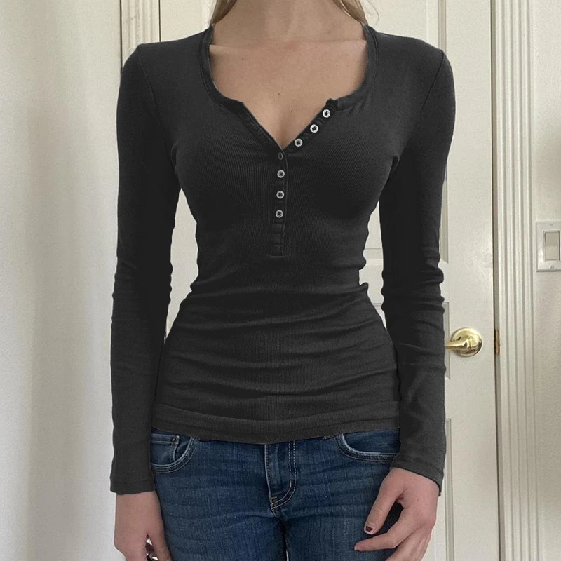 Y2K 여성용 기본 크롭탑, 페어리 그런지 긴팔 버튼, 슬림핏 브라운 티, 하라주쿠 미적 티셔츠, 2000 년대 빈티지 스트리트웨어 