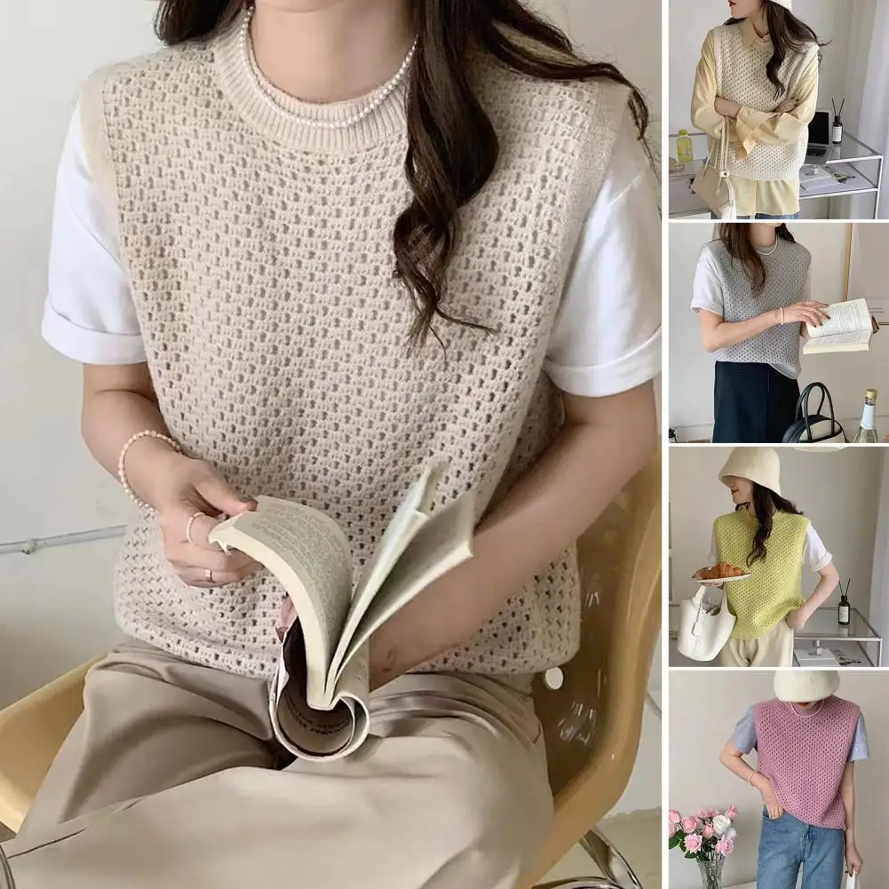 

Elastic Lady Top Elegant Japanese Style Knitwear Tank Top for Women Hollow Knitted Vest with O Neck Loose Fit Summer Fashion