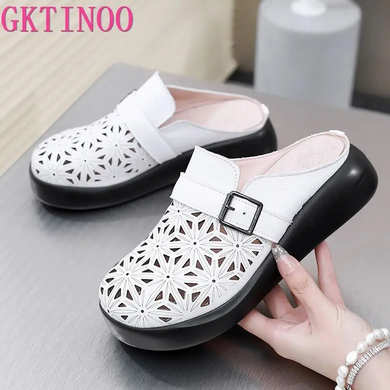 

GKTINOO Roman Summer Mule Shoes Women Genuine Cow Leather Soft Sole Buckle Strap Female Sandal Slippers Handmade