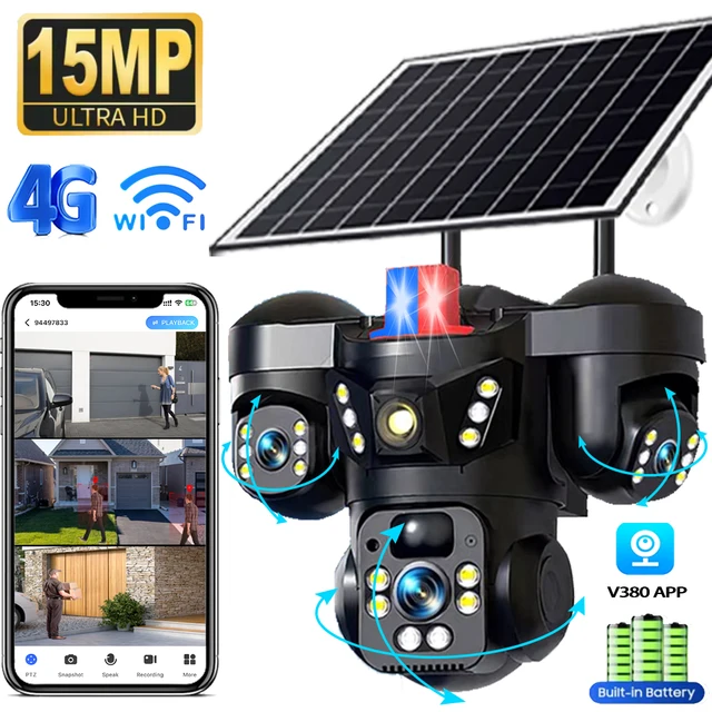 Caméra solaire 4G extérieure WiFi 15MP à trois objectifs et trois écrans, zoom numérique 10X, étanche, suivi automatique, caméras de sécurité CCTV V380 1