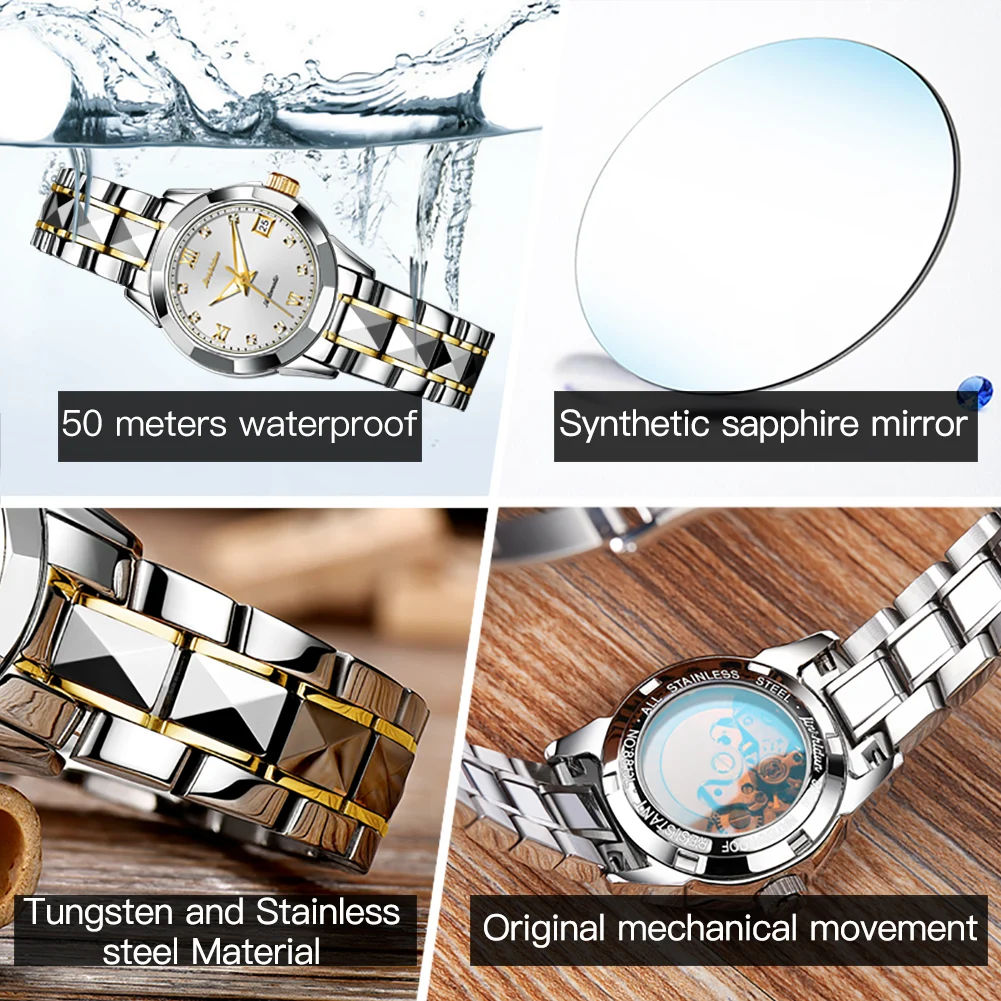 JSUDN Original Mechanical Wristwach for Women Luxury Tungsten Steel Strap Sapphire Mirror 5Bar Waterproof Ladies Dress Watches