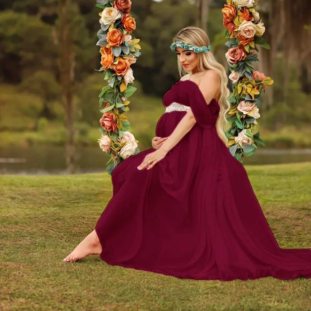 

Chiffon Maternity Photography Props Dress With Sashes Maternity Gowns Maternity Photo Shoot Trailing Long Dress Flying Sleeves