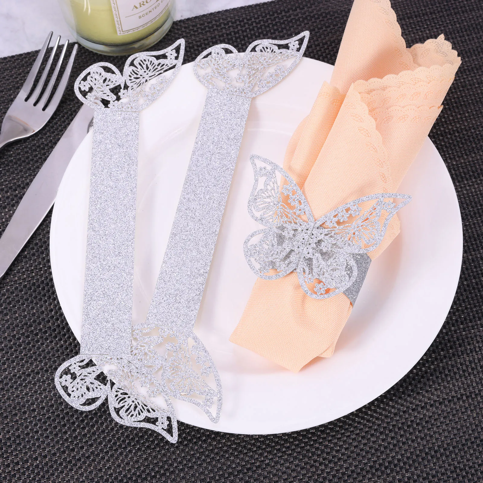 ihreesy 50 portatovaglioli a forma di farfalla, 3D, con farfalla, in carta, con fibbia, per matrimoni, decorazione da tavolo, colore verde riflettente
