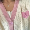 Lover Pink Cardigan Women Heart Knitted Cardigans with Star Embroidery Winter Vintage Oversized Sweater Y2k Couples Tops 1