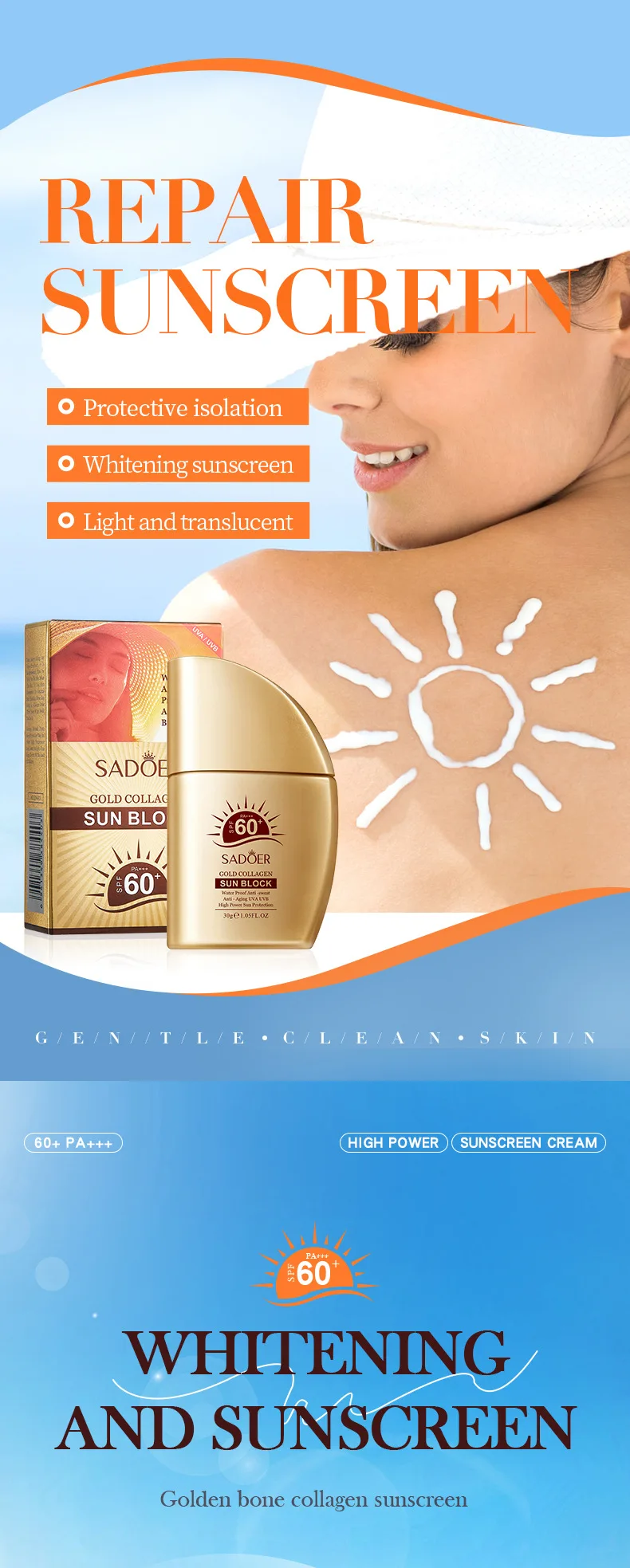 Crème solaire au collagène doré pour le visage et le corps uv_voghion.com