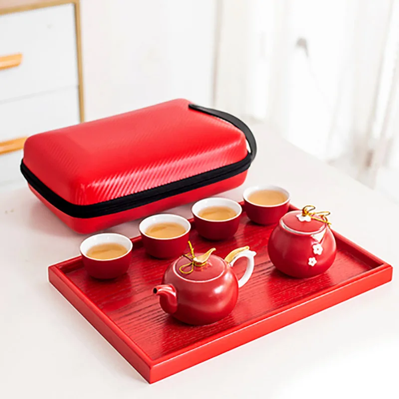 Chinese Tea Gift Set Service, Porcelain Tea Pot, Cups Tray for Bridegroom and Bride Tea Ceremony, Wedding Party Souvenir Suppl