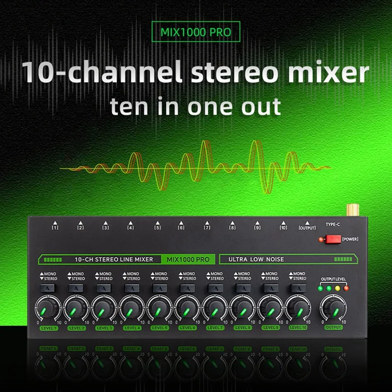 Professional 10 Channel Sound Mixer Low Noise LED Sound Mixer With RGB Light For Sub-Mixing Stereo Switcher