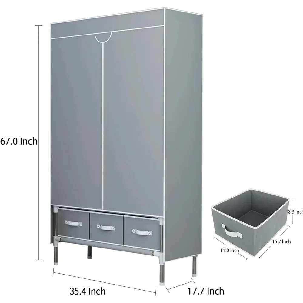 Portable Clothes Closet Rolling Door Wardrobe with Hanging Rack Non Storage Organizer 35.4 x 17.7 x 67.0 ‘’ (Gray) Wardrobes 3