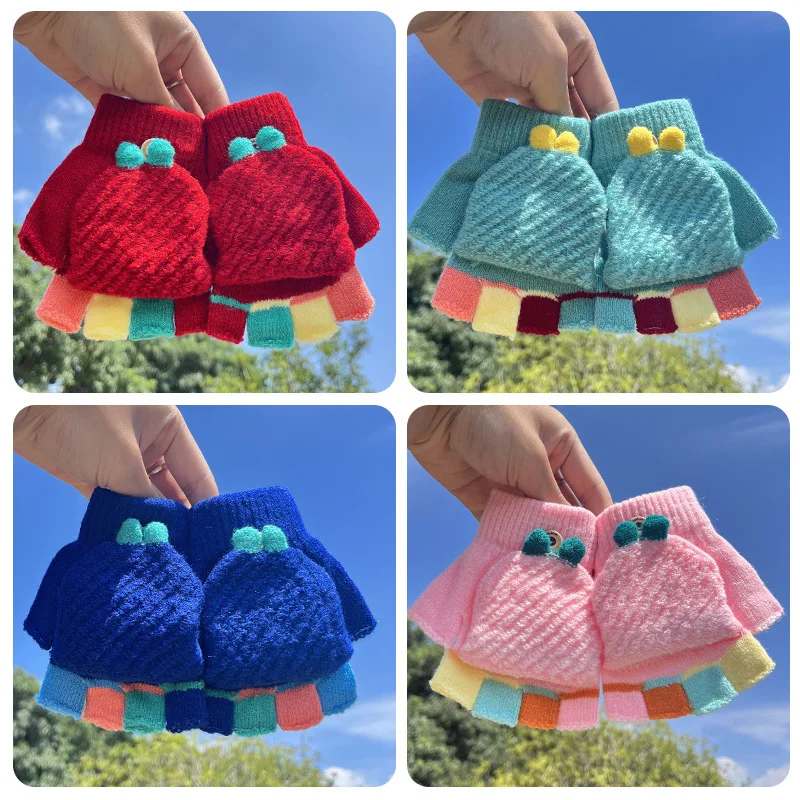 

Knit gloves for boys and girls fall and winter five fingers clamshell cute interlocking baby thick warm finger cover