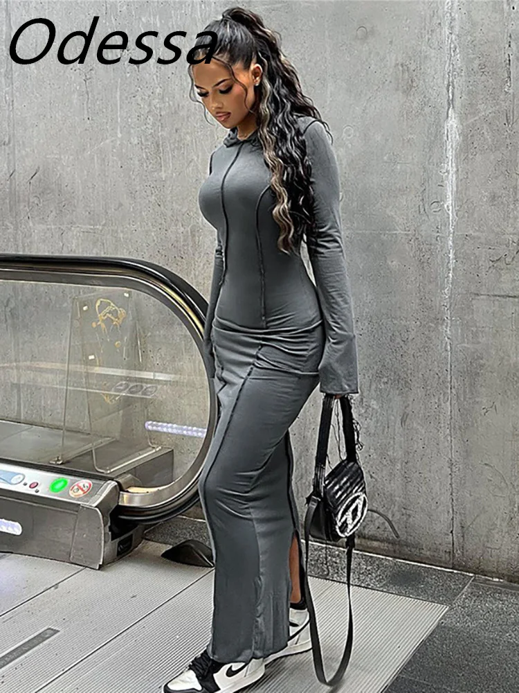 

Odessa Gray Casual Hooded Long Sleeve Maxi Dress Women Fashion Fall Winter Quilted Split Streetwear Long Party Dresses 2023