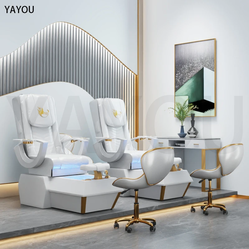 Pedicure Chair, Luxurious White Leather Massage Foot Therapy, Spa Massage Chair, Nail Salon Beauty Furniture